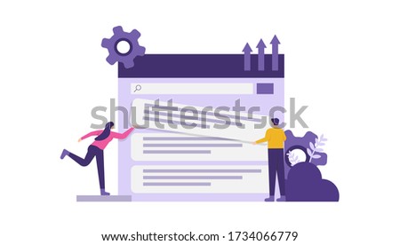 illustration of a team trying to put the web board in the top or first position. the concept of teamwork, SEO marketing, SEO optimization. flat design. can be used for elements, landing pages, UI.