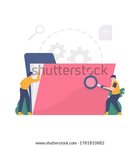 the concept of searching files or documents, data management. illustration of a team looking for something in a folder using magnifying glasses. flat design. can be used for elements, landing pages