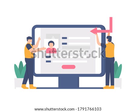 illustration of people filling in their personal data on the registration page on a computer. concept of identity information, registration form, apply. flat design. can be used for landing page