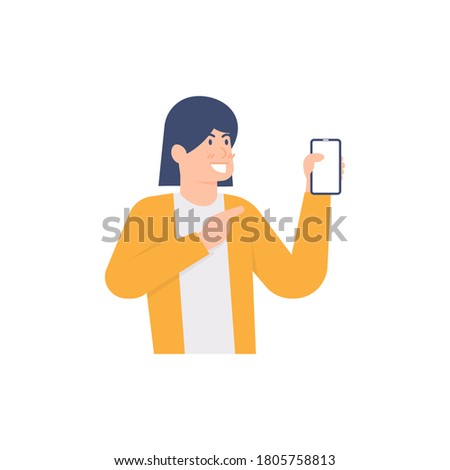 illustration of a woman or girl holding and showing off her smartphone. the concept of offering, presenting, and using. flat style. UI design elements