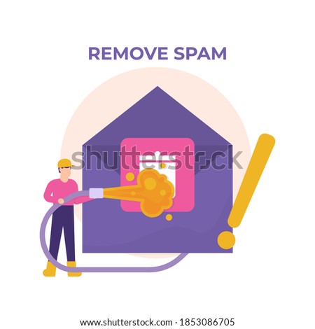 the concept of automatic shredder of spam or junk files. illustration of a man using a flamethrower to burn or delete junk messages or emails. anti Virus. flat style. design elements