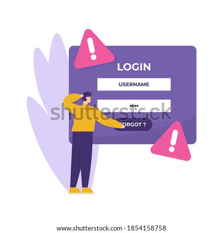 concept of forgot password, account protection, danger warning. illustration of a man who tries to log into his account but forgets his security key. flat style. design element.