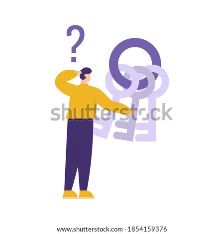 the concept of forgot passwords, account protection, ask questions. illustration of a man who is confused about choosing the correct key because he forgot his security key. flat style. design element.