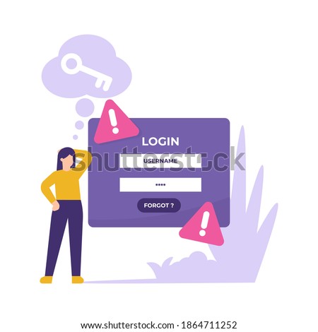 concept of forgot password and username, account protection, danger warning, wrong password. illustration of a woman who forgets her personal data when she wants to log in. flat style. design element