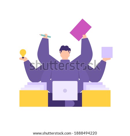 a concept of a fast or nimble employee or worker. multitalented and multitasking people. illustration of a man who can multitask with six hands. using a laptop. flat style. vector design elements