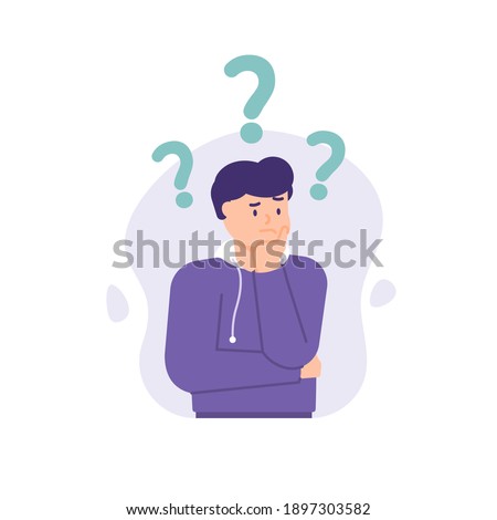 a man holds his chin and is thinking or confused. ask questions for answers. concept of FAQ or Frequently Asked Questions, people and question marks. flat style. vector design