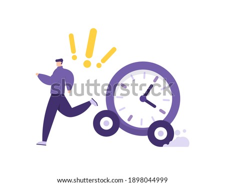 the concept of being chased by time and deadlines, running out of time, time management. illustration of a man running after being chased by a clock or a car. question mark. flat style. vector design 