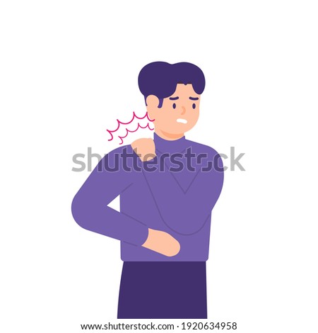 illustration of a man holding his neck because his neck feels stiff and sore. experiencing neck pain, muscle pain, osteoarthritis, pinched nerves, rheumatism, and fibromyalgia. flat style design