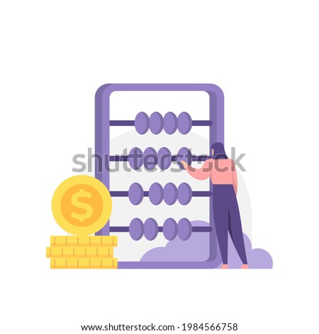 the concept of accountant, treasurer, financial management staff. a woman is using an abacus to count money. employee or worker. flat cartoon style. vector design