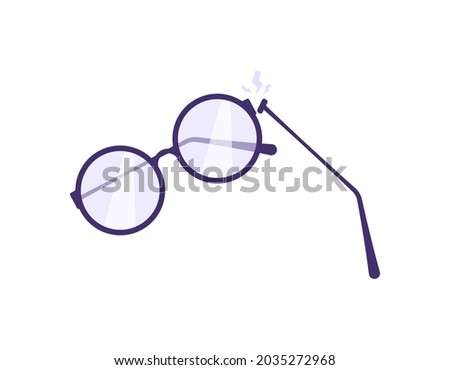 illustration of a broken eyeglass on the hinge. broken glasses at the end pieces. spectacle frames and stems come off. flat cartoon style. vector design