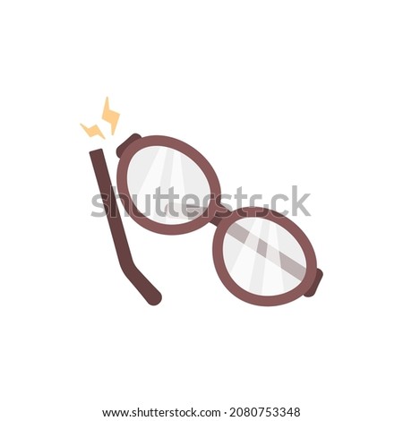 illustration of a broken eyeglass on the hinge. broken glasses at the end pieces. spectacle frames and stems come off. flat cartoon style. vector design