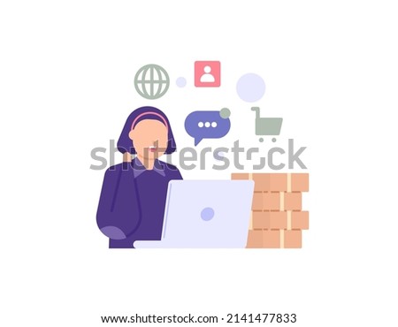 e-commerce admin, customer service. a female staff serves and responds to chats and complaints from customers or buyers. online store. profession and work. flat cartoon illustration. concept design