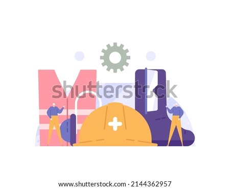 HSE or Health, Safety, and Environment. an industrial worker and personal protective equipment. goggles, helmet, vest, earmuff, and shoes. flat cartoon illustration. vector concept design