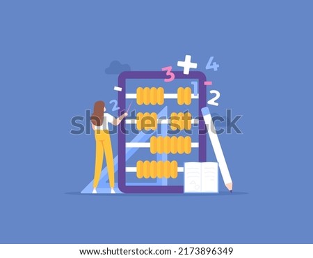 private tutoring, courses, training in math lessons. learn and understand about mathematics. a teacher explains and teaches how to count using an abacus. education. flat cartoon illustration. concept