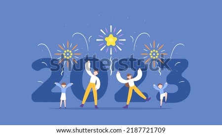 happy new year 2023. people celebrate and enjoy a party or fireworks festival. have fun with friends and family. happy people welcome the new year. cartoon illustration concept design. posters, UI