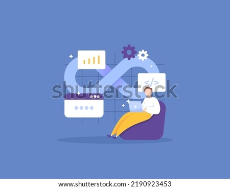 DevOps or Development and Operations. software development and IT operations. a DevOps engineer improves and develops a product, software, or application. illustration concept design