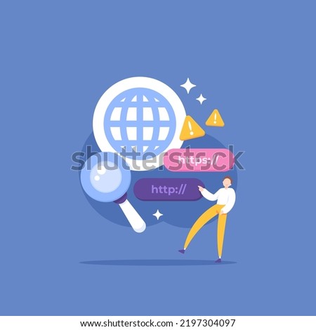 link security checker, website check and analysis. A user uses a magnifying glass to see if a website is safe or dangerous. prevention, tracing safe, secure. illustration concept design. element