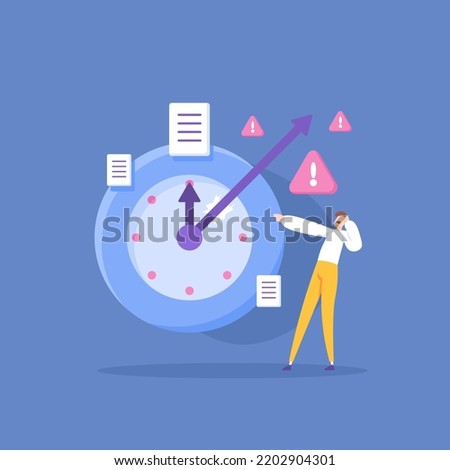 working overtime, exceeding the overtime limit, exceeding working hours. time management. overwork. a worker or employee is surprised to see a clock. illustration concept design. graphic elements