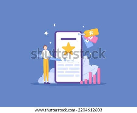 tag optimization, tagging, hashtags, premium content. a content creator writes or adds tags to increase rankings and traffic. keyword management. illustration concept design. graphic elements