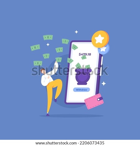 withdraw money, money making application, earn money online or from the internet. a male user or customer is happy because he gets a salary from a smartphone. royalty gifts. concept illustration