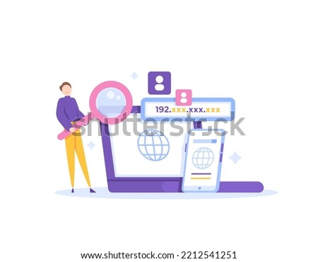 IP tracker and IP address lookup. a male user uses a magnifying glass to see the ip number on a laptop or smartphone device. technology. illustration concept design. graphic elements