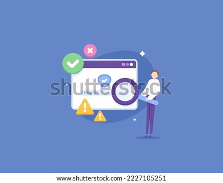 Link security check. Website Inspection and Analysis. a user using a magnifying glass to see how is the website that he will visit is safe or risky. prevention of harmful and suspected links