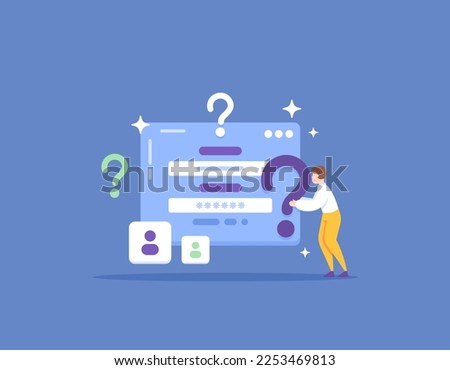 Forgot password and username. password reset service. a user forgets and confuses his account email and password. technology and problems. question marks. illustration concept design. vector elements