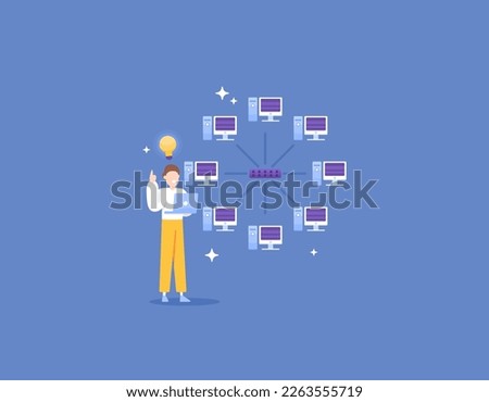 Network Engineer. an IT staff creates network design, Performs installation and configuration, and Network monitoring. star topology. jobs and professions. illustration concept design. vector elements