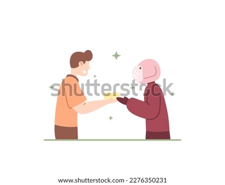 a man gives food to a motorcyclist. providing help to others. almsgiving and charity. share with others. design illustrations of people activities. vector elements. white background