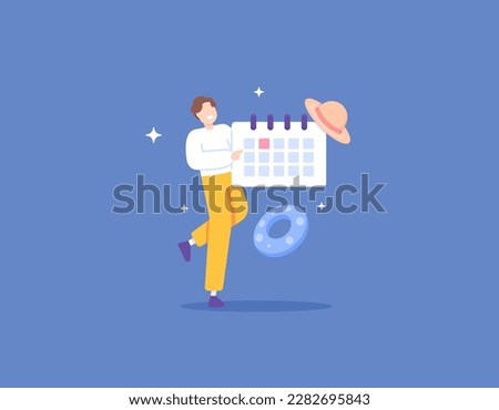 take leave. set a day for vacation. a worker or employee plans or organizes a schedule for a holiday. a man holding a calendar. illustration concept design. vector elements. blue background