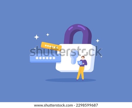 Protection and security system. Security Center. Passwords and account privacy. A man operates or uses his laptop. padlock and user. service and secure. illustration concept design. vector elements