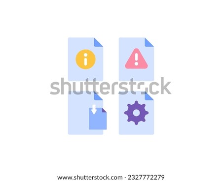 document info, malicious pages, export documents, file settings. paper, information, warning, gear. set or collection of symbols or icons. Flat and minimalist concept design. vector elements. white