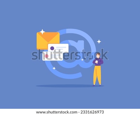 email. electronic messages. social media usernames. a man sends an e-mail message. software users or messaging or communication applications. at symbol. illustration concept design. vector elements