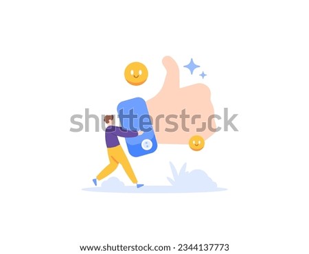 like concept. positive reviews or feedback. get the thumbs up. customer satisfaction. man giving thumbs up. voting and rating. flat and minimalist illustration concept design. vector elements. white 