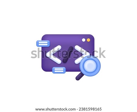 Program analysis. Search or script analysis. Popup window with magnifying glass symbol. Software or application. coding and programming. symbol or icon. Minimalist 3D concept design. vector elements