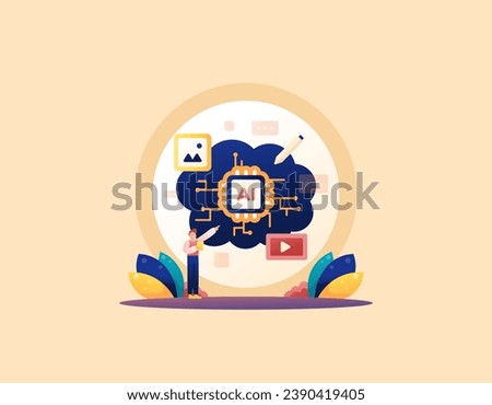 artificial intelligence technology or AI. create and edit an image or video with AI assistance. Create content only by text. technological progress. Cartoon or flat illustration concept design