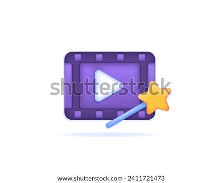 a video editor design concept. video adjustment or customization. film tape symbol with magic wand or star wand. software, applications, or services. symbol or icon. 3D and minimalist illustration