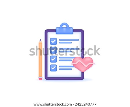 A Design Concept of Medical Check Up. medical examination report. symbols of pencil, clipboard, heart and heartbeat. symbol or icon. Minimalist 3D concept illustration design. graphic elements. Vector