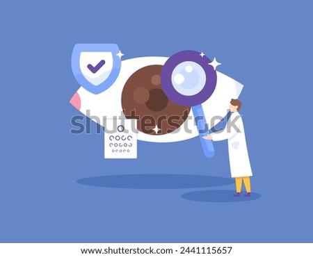 concept of checking eye health conditions. a dental specialist examines, evaluates, and performs eye treatment. check by an Ophthalmologist. flat style illustration concept design. graphic elements