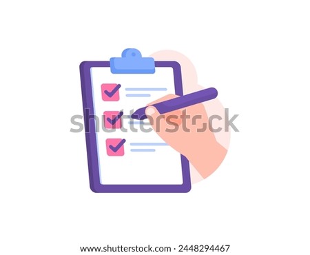 questionnaire concept. survey, collecting information from respondents. provide responses and choose answers. illustration of a hand using a pencil to tick on a form paper on a clipboard. concept