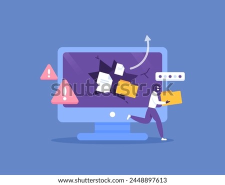 data leak concept. theft of important and personal information. digital crime or cyber crime. illustration of a hacker breaking into a security system and stealing documents or files. illustrations