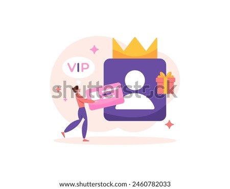 a membership concept. join to become a VIP member. priority, premium, or exclusive accounts. privileged members. a man brings a membership card. benefits and rewards. illustration concept design