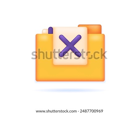 concept of wrong file, rejected file, incorrect or false document. delete folder. illustration of folder with paper and cross. symbol or icon. minimalist 3d style design. graphic elements