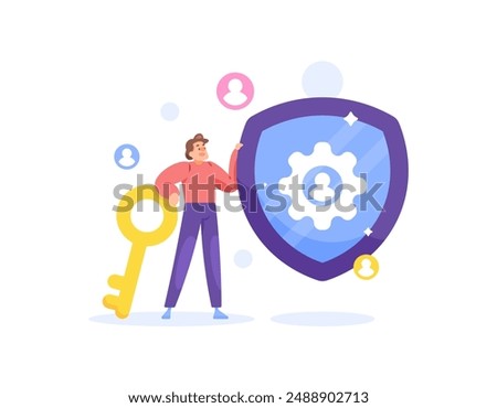 the concept of identity and access management or IAM. control or manage user access rights. key to access the system. security system. illustration of man with shield and lock. flat style design