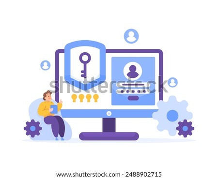 the concept of identity and access management or IAM. control or manage user access and identity. security control system. illustration of a man trying to log into a computer. flat style design