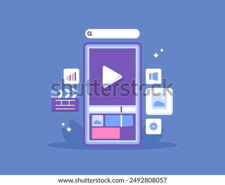 mobile video editing application concept. video editor. smartphone illustration showing the appearance of video processing software. technology. flat style design. graphic elements