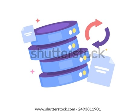 database data recovery concept. backup and restore lost data. process of restoring deleted files. illustration of storage with document and rotation symbols. flat style design. graphic elements