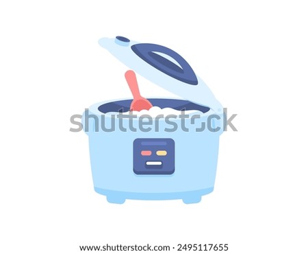 illustration of a blue rice cooker. rice cooker with open lid and filled with rice and ladle. goods or items. electronic equipment and for cooking. place for cooking rice. flat style design. graphic