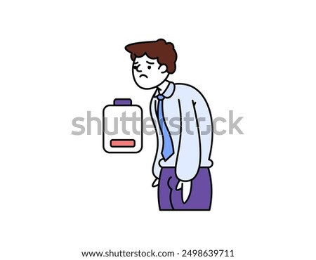 illustration of a man who looks tired and powerless. a worker or employee who is out of energy. tired from work. too exhausted. weak battery or power. outline style character design