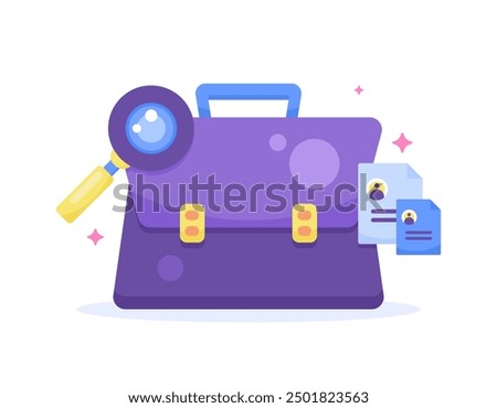 job search concept. searching for information about job vacancies. illustration of a briefcase with magnifying glass and resume document symbol. flat style design. graphic elements